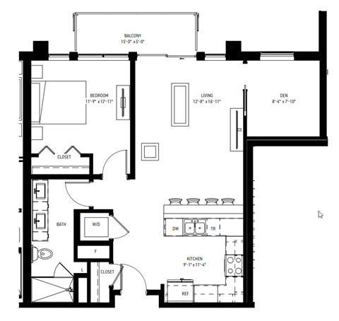 Floor plan for 1 bed, 1 bath, 850 sqft